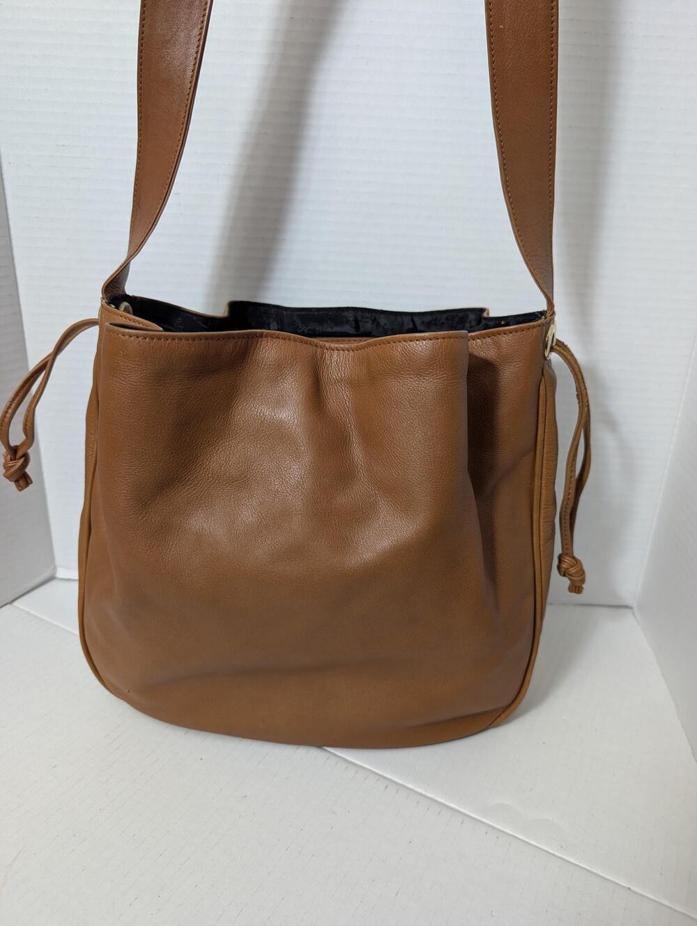 Vintage Paloma Picasso Brown Leather Drawstring Bucket Shoulder Bag Purse Italy